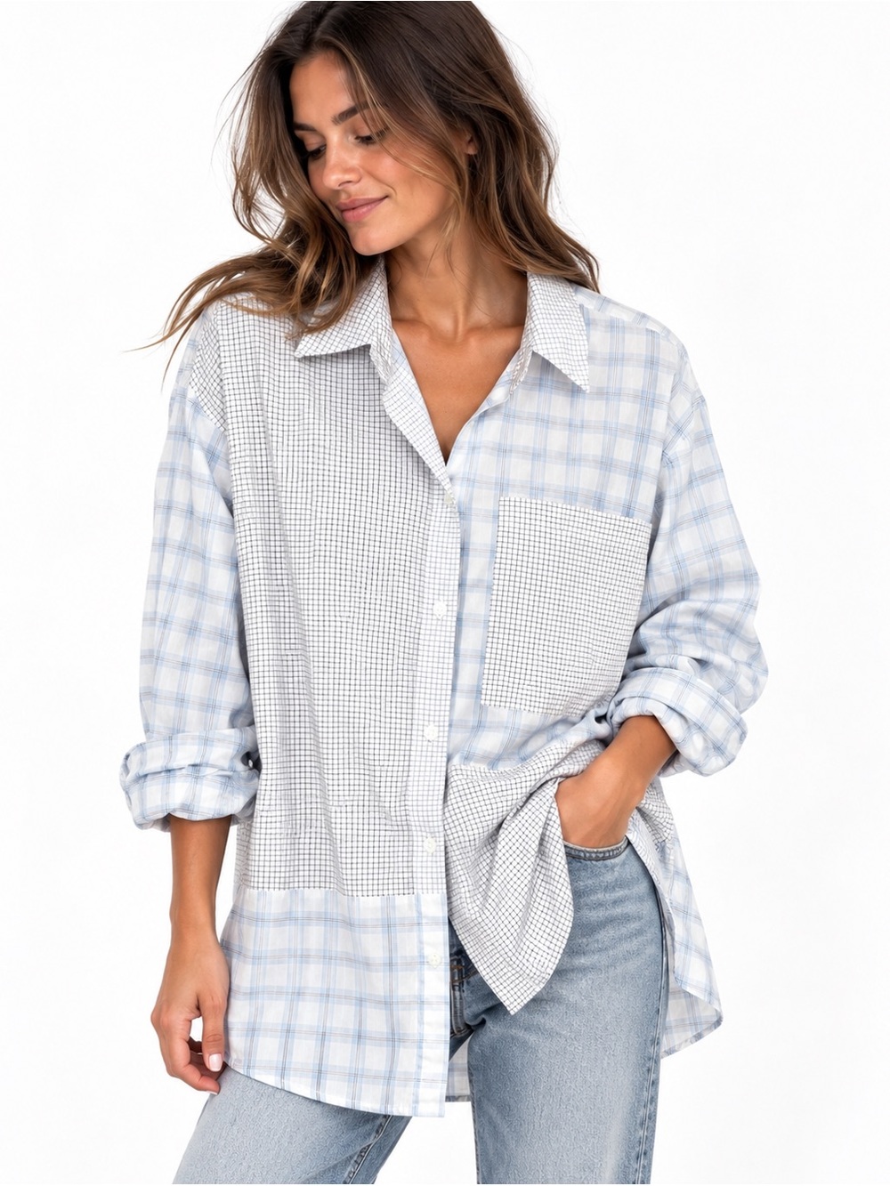 Abercrombie & Fitch Womens Oversized Button Down Shirt Medium Blue Plaid Preppy